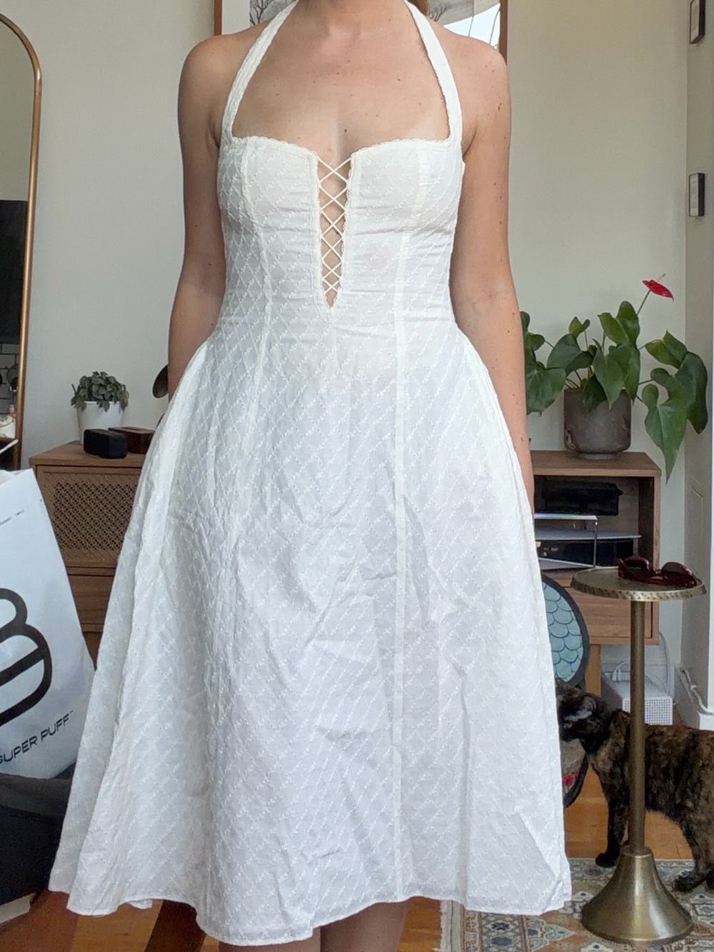 Mirror Palais White Halter Lace-Up Midi Sundress